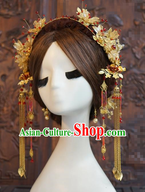 China Ancient Bride Golden Flower Hair Clasp and Tassel Hairpins Traditional Wedding Hanfu Hair Accessories Full Set