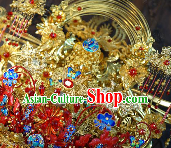 China Ancient Bride Blueing Phoenix Coronet Traditional Wedding Hanfu Luxury Hair Accessories Full Set