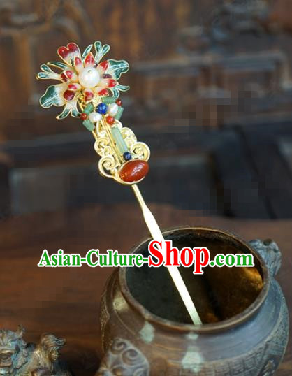 China Ancient Bride Golden Lute Hair Stick Traditional Xiuhe Suit Hair Accessories Wedding Agate Jade Hairpin