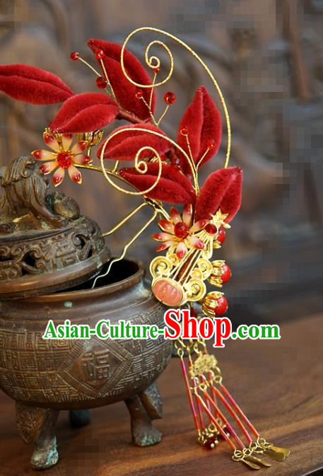 China Traditional Wedding Luxury Hair Accessories Ancient Bride Xiuhe Suit Red Velvet Flowers Hair Sticks Full Set