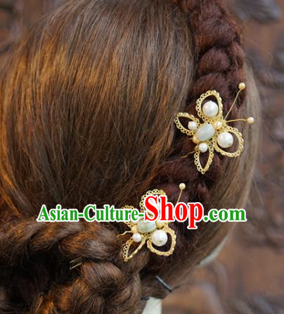 China Ancient Princess Jade Hair Sticks Traditional Xiuhe Suit Hair Jewelry Accessories Court Golden Butterfly Hairpin