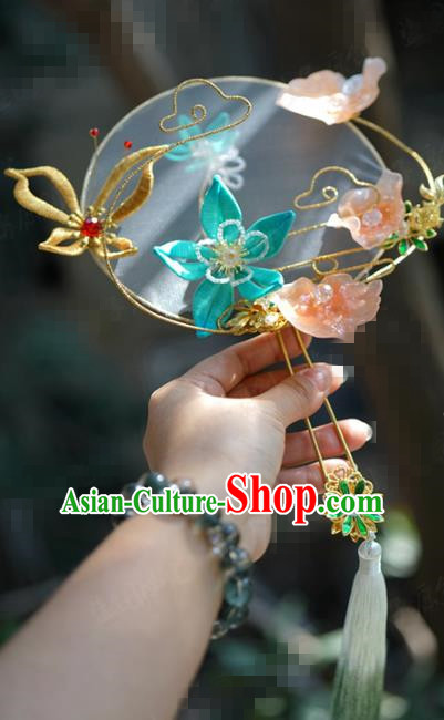 Chinese Handmade Traditional Palace Fan Ancient Wedding Bride Accessories Silk Butterfly Round Fan