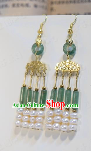 Top Grade China Qing Dynasty Jade Ear Jewelry Traditional Hanfu Accessories Ancient Empress Pearls Tassel Earrings