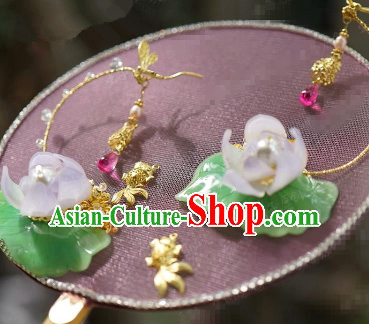 Chinese Handmade Pink Silk Round Fan Traditional Wedding Jewelry Accessories Ancient Bride Fish Lotus Palace Fan