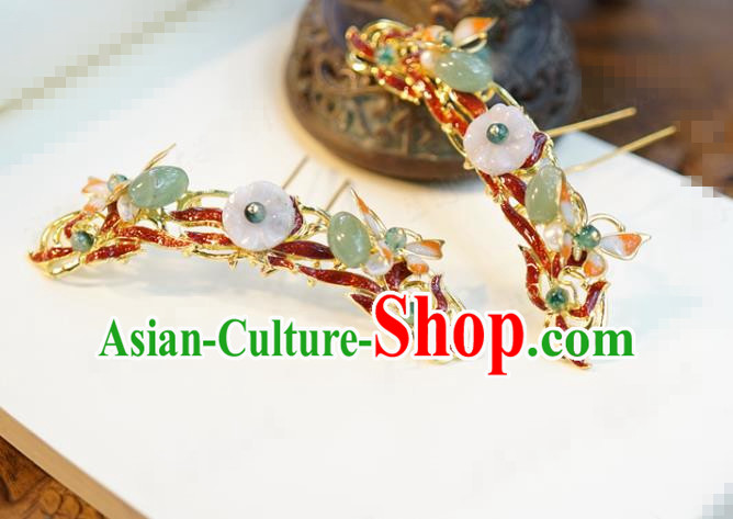 China Ancient Jade Lotus Leaf Hairpin Traditional Xiuhe Suit Hair Jewelry Accessories Court Princess Cloisonne Hair Stick