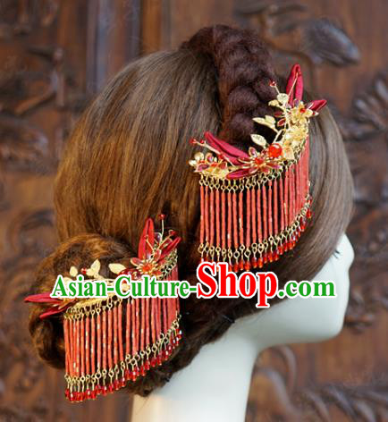 China Ancient Princess Red Beads Tassel Hair Sticks Traditional Xiuhe Suit Hair Jewelry Accessories Court Silk Flowers Hairpin