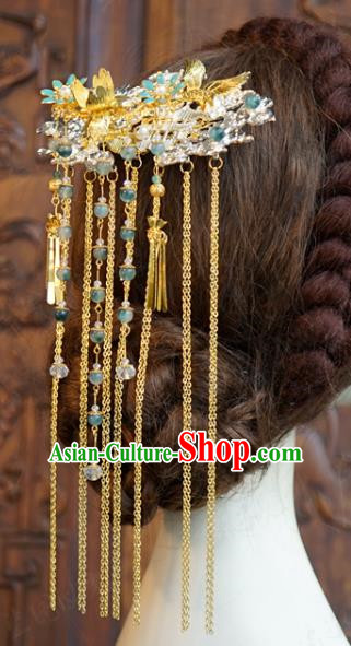 China Ancient Bride Hairpin Traditional Xiuhe Suit Hair Jewelry Accessories Wedding Golden Long Tassel Hair Comb