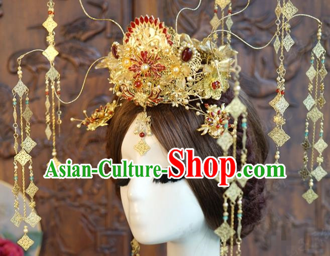 China Ancient Bride Golden Hair Crown and Earrings Xiuhe Suit Headpieces Traditional Wedding Phoenix Coronet Hair Accessories Full Set