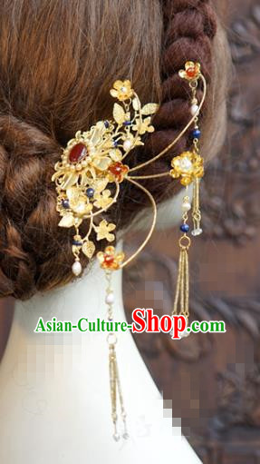 China Ancient Bride Pearls Agate Hair Clips Traditional Xiuhe Suit Hair Jewelry Accessories Qing Dynasty Palace Tassel Hairpins