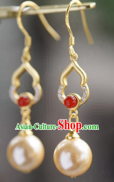 Top Grade Pearl Crystal Earrings Traditional Accessories China Ancient Court Empress Golden Gourd Ear Jewelry