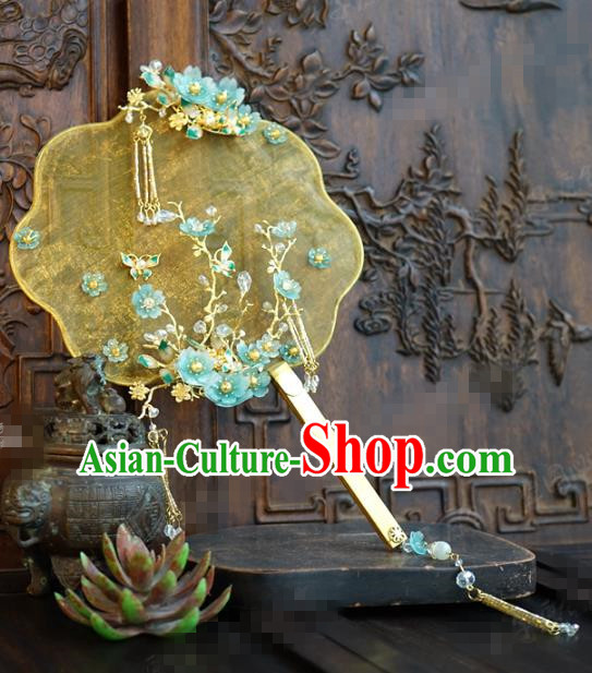Chinese Handmade Wedding Yellow Silk Palace Fan Traditional Wedding Jewelry Accessories Ancient Bride Blue Plum Fan