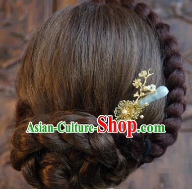 China Ancient Palace Golden Plum Hair Stick Traditional Xiuhe Suit Hair Jewelry Accessories Qing Dynasty Jade Hairpins