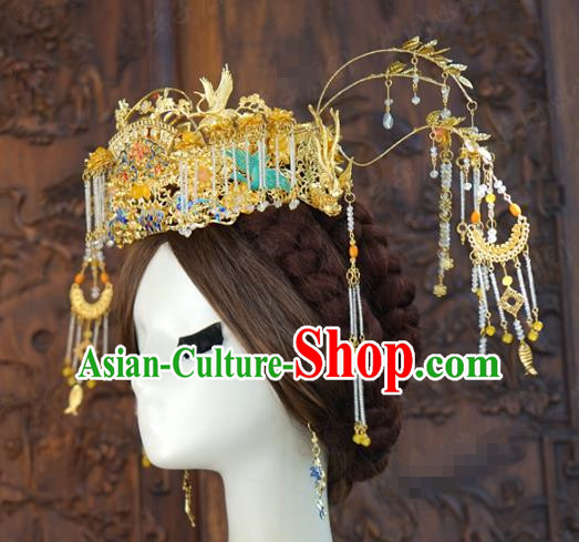 China Ancient Golden Phoenix Coronet Xiuhe Suit Headpieces Traditional Wedding Bride Hair Accessories Full Set