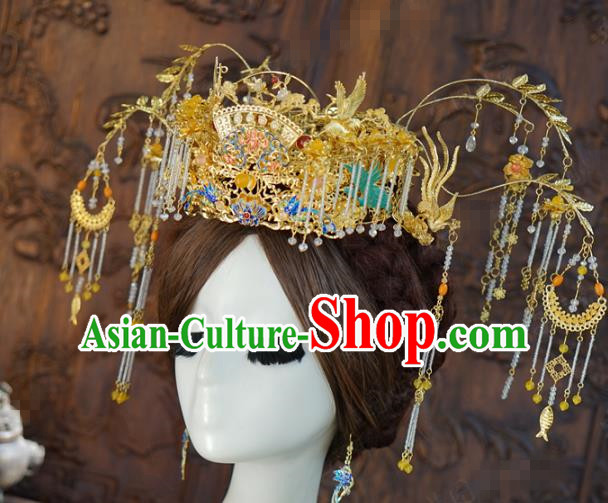 China Ancient Golden Phoenix Coronet Xiuhe Suit Headpieces Traditional Wedding Bride Hair Accessories Full Set