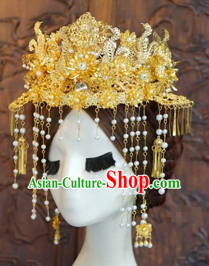 China Ancient Queen Golden Phoenix Coronet Traditional Wedding Bride Hair Accessories Xiuhe Suit Hair Crown