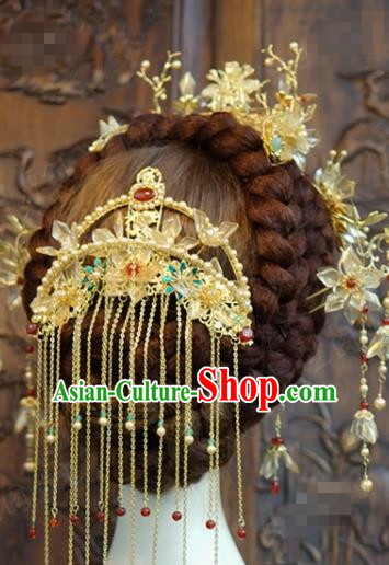 China Ancient Palace Pearls Hair Comb Traditional Xiuhe Suit Hair Jewelry Accessories Wedding Golden Tassel Hair Crown