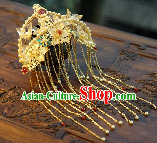 China Ancient Palace Pearls Hair Comb Traditional Xiuhe Suit Hair Jewelry Accessories Wedding Golden Tassel Hair Crown