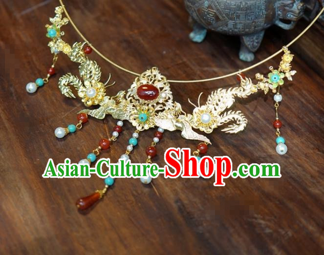Chinese Court Golden Phoenix Necklace Ancient Wedding Jewelry Accessories Traditional Handmade Necklet