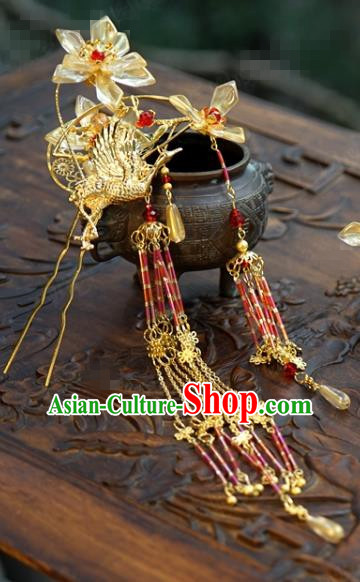 China Ancient Queen Golden Phoenix Coronet and Tassel Hairpins Traditional Wedding Bride Hair Accessories Xiuhe Suit Headdress