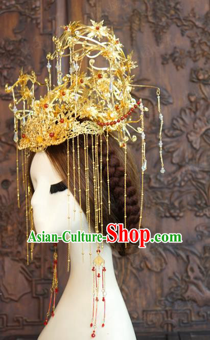 China Ancient Bride Tassel Hair Crown Wedding Hair Accessories Traditional Xiuhe Suit Golden Phoenix Coronet
