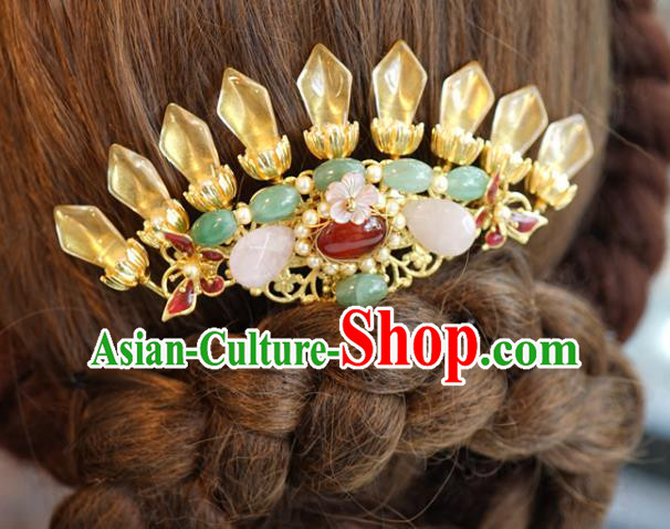 China Ancient Bride Agate Hairpin Traditional Xiuhe Suit Hair Accessories Wedding Jewelry Adornment Gems Hair Comb