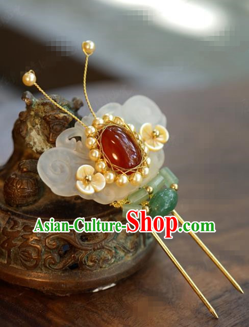 China Ancient Bride Pearls Agate Hairpin Traditional Xiuhe Suit Hair Accessories Wedding Jewelry Adornment Jade Butterfly Hair Stick