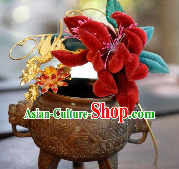 China Ancient Empress Golden Crane Lotus Hairpin Traditional Xiuhe Suit Hair Accessories Wedding Jewelry Adornment Velvet Flowers Hair Stick