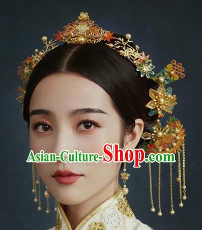 China Traditional Hair Accessories Wedding Xiuhe Suit Headdress Ancient Bride Cloisonne Hair Crown Tassel Hairpins Complete Set