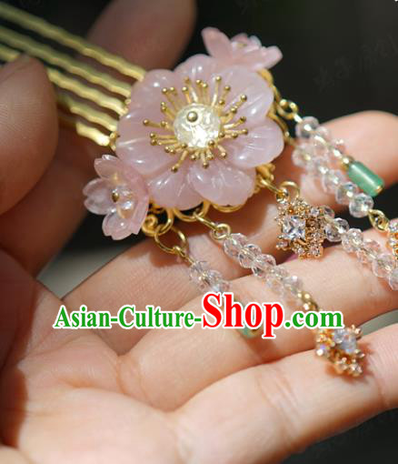 China Wedding Pink Flower Hair Comb Zircon Jewelry Adornment Traditional Xiuhe Suit Hair Accessories Ancient Princess Tassel Hairpin