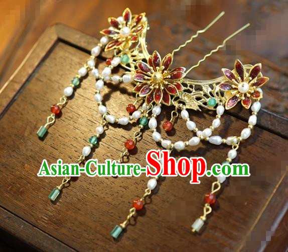 China Ancient Bride Hair Crown and Golden Tassel Hairpins Traditional Xiuhe Suit Headdress Wedding Hair Accessories