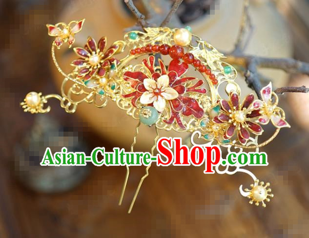 China Ancient Palace Cloisonne Red Peony Hairpin Traditional Xiuhe Suit Hair Jewelry Accessories Shell Plum Hair Stick
