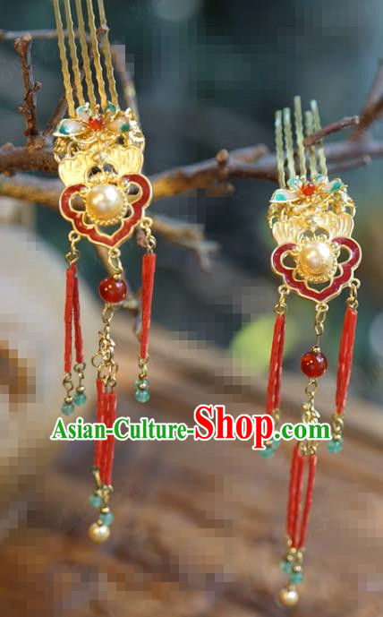 China Ancient Palace Red Tassel Hairpins Traditional Xiuhe Suit Hair Jewelry Accessories Cloisonne Hair Combs