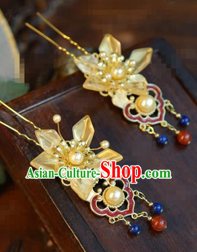China Ancient Court Flower Hair Stick Traditional Xiuhe Suit Hair Jewelry Accessories Palace Cloisonne Tassel Hairpin