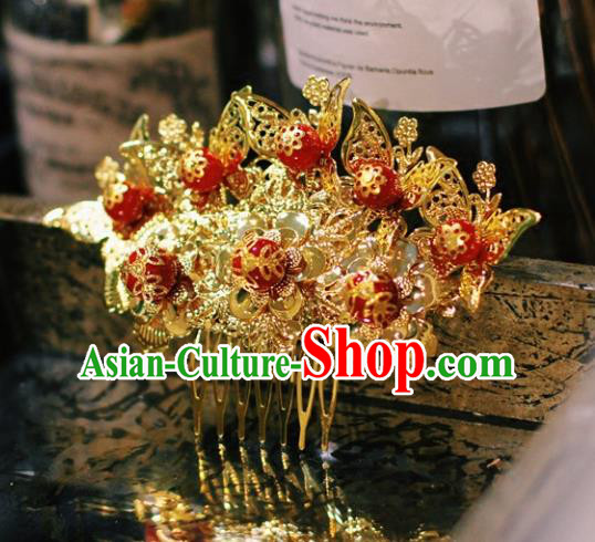 Chinese Ancient Wedding Jewelry Accessories Traditional Hairpin Bride Golden Butterfly Hair Comb