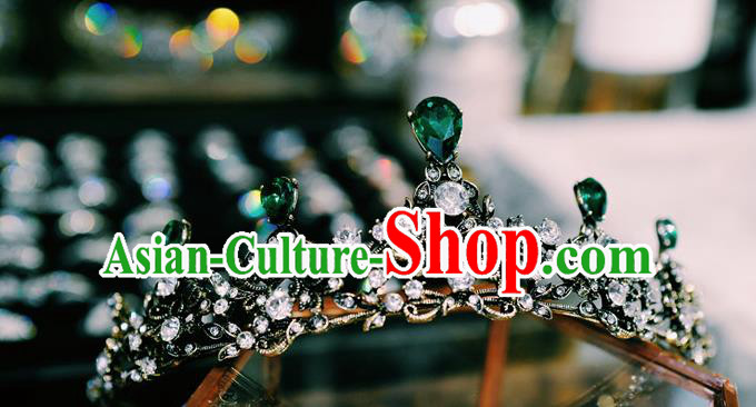 Handmade Baroque Bride Black Royal Crown Wedding Hair Accessories European Green Crystal Hair Clasp