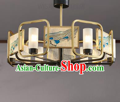Chinese Traditional Landscape Painting Lamp Handmade Classical Six Light Ceiling Lantern