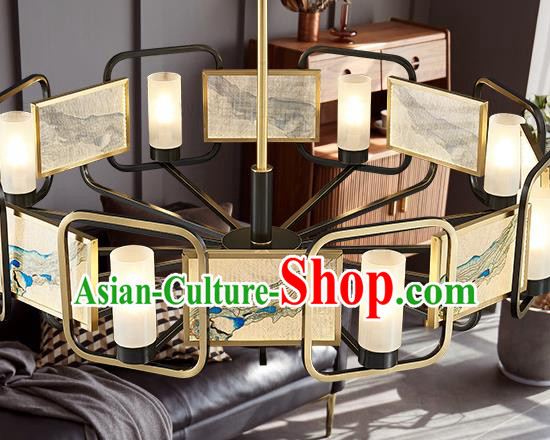 Chinese Traditional Landscape Painting Lamp Handmade Classical Six Light Ceiling Lantern