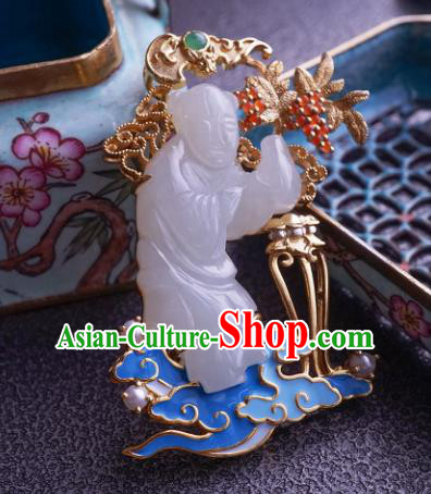 China Classical Cheongsam Gilding Brooch Traditional Handmade Hetian White Jade Child Breastpin