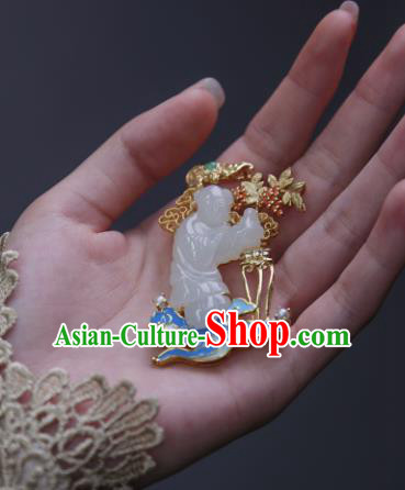 China Classical Cheongsam Gilding Brooch Traditional Handmade Hetian White Jade Child Breastpin