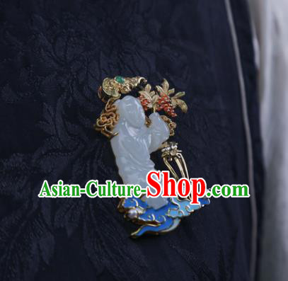 China Classical Cheongsam Gilding Brooch Traditional Handmade Hetian White Jade Child Breastpin