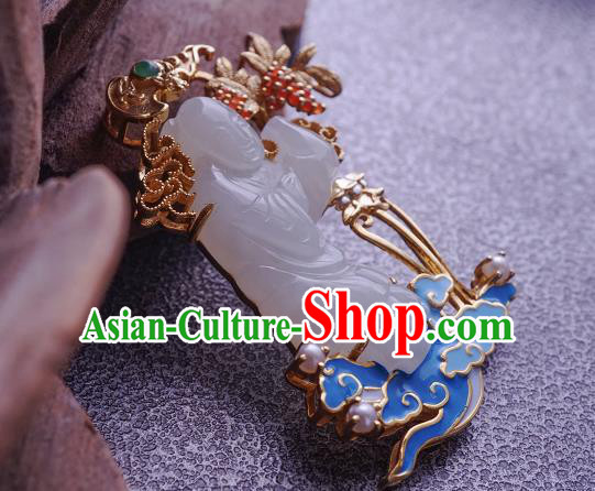 China Classical Cheongsam Gilding Brooch Traditional Handmade Hetian White Jade Child Breastpin