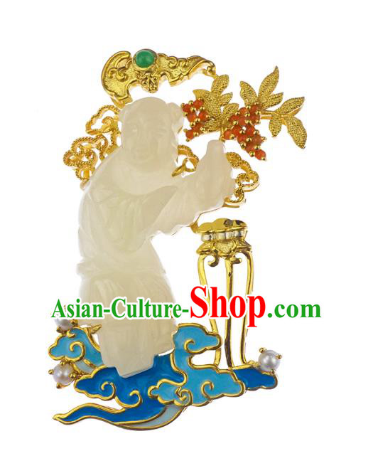 China Classical Cheongsam Gilding Brooch Traditional Handmade Hetian White Jade Child Breastpin