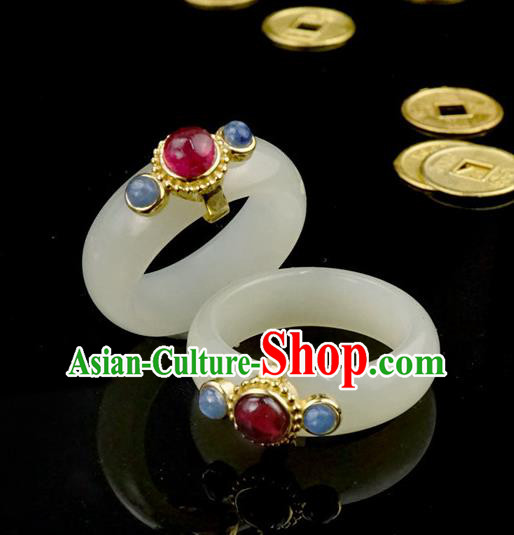 Chinese Traditional White Jade Ring Ancient Wedding Gems Jewelry Accessories