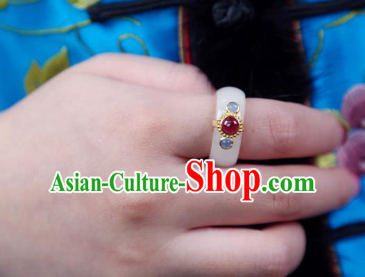 Chinese Traditional White Jade Ring Ancient Wedding Gems Jewelry Accessories