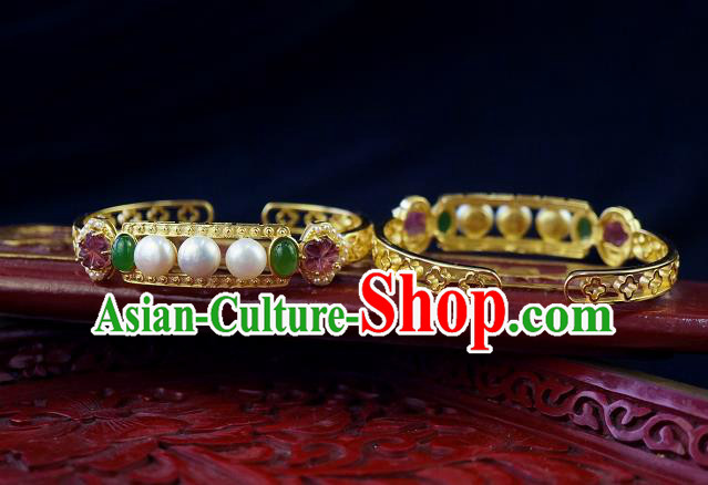 Chinese Traditional Gems Bangle Accessories Ancient Qing Dynasty Court Pearls Jade Bracelet Jewelry