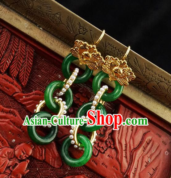 Top Grade Chinese Classical Jade Rings Earrings Traditional Handmade Pearls Ear Jewelry Ming Dynasty Accessories