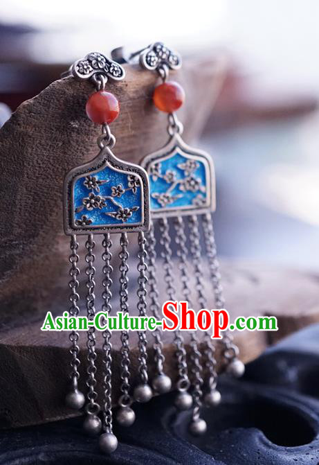Top Grade Chinese Silver Accessories Classical Court Blueing Earrings Traditional Handmade Bells Tassel Ear Jewelry