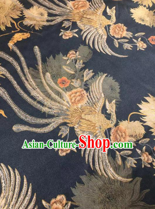 Chinese Classical Phoenix Epiphyllum Pattern Design Black Gambiered Guangdong Gauze Fabric Asian Traditional Cheongsam Silk Material