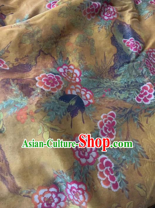 Chinese Classical Peony Butterfly Pattern Design Yellow Gambiered Guangdong Gauze Fabric Asian Traditional Cheongsam Silk Material