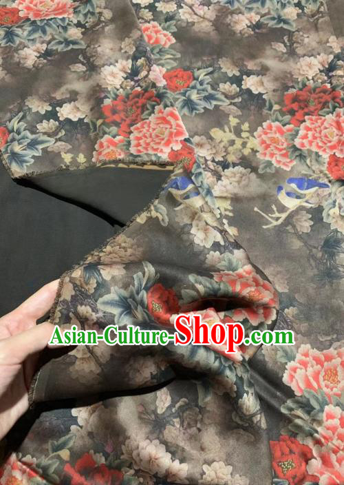 Chinese Classical Peony Pattern Design Grey Gambiered Guangdong Gauze Fabric Asian Traditional Cheongsam Silk Material